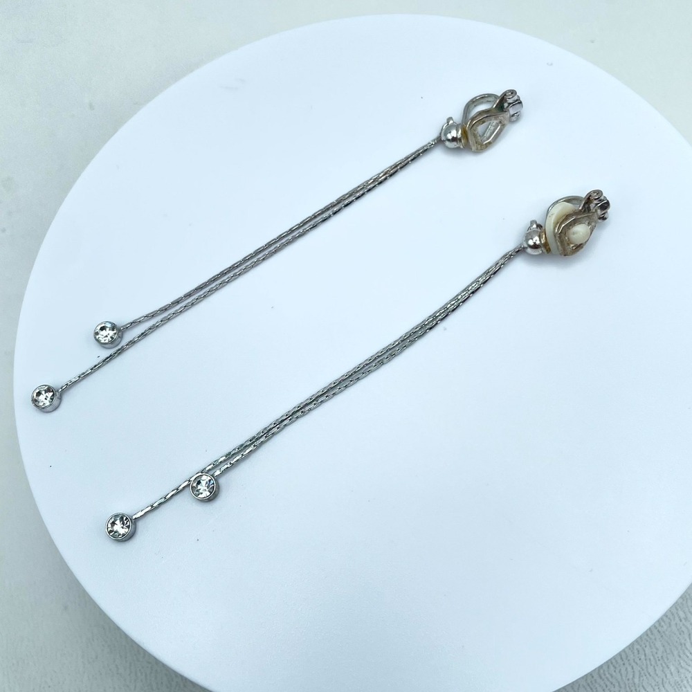 Silver-Tone Bezel Faceted Rhinestone Dangle Long Linear Drop Clip-On Earring